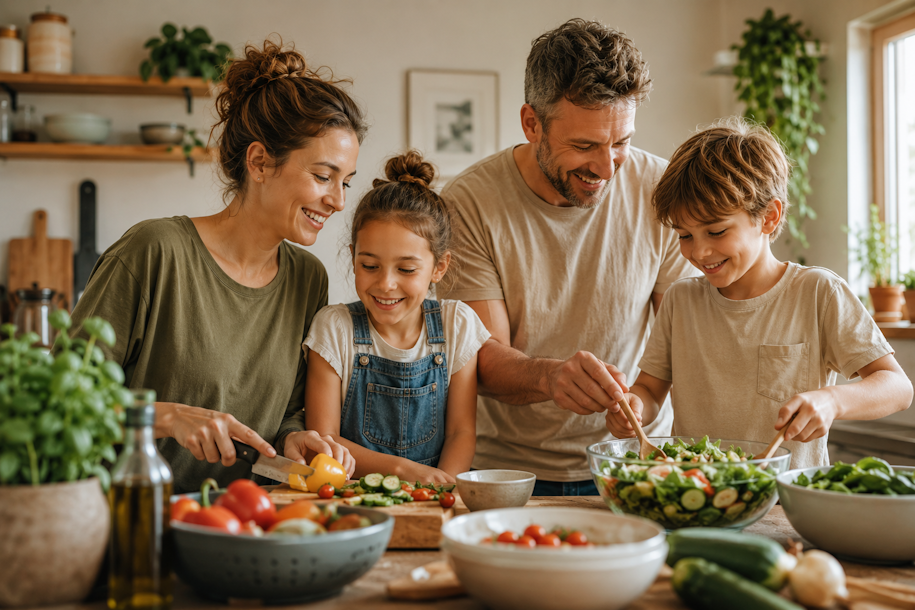 Famiglia che cucina insieme in cucina