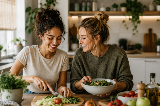 Amiche che preparano insieme un pasto in cucina