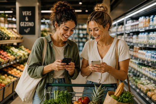 Amiche che fanno la spesa insieme con il telefono